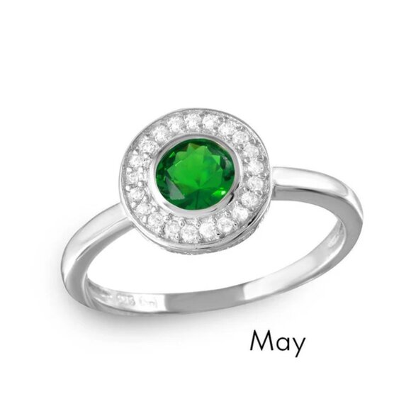 Sterling Silver 925 Rhodium Plated CZ Center Birthstone Halo Ring May